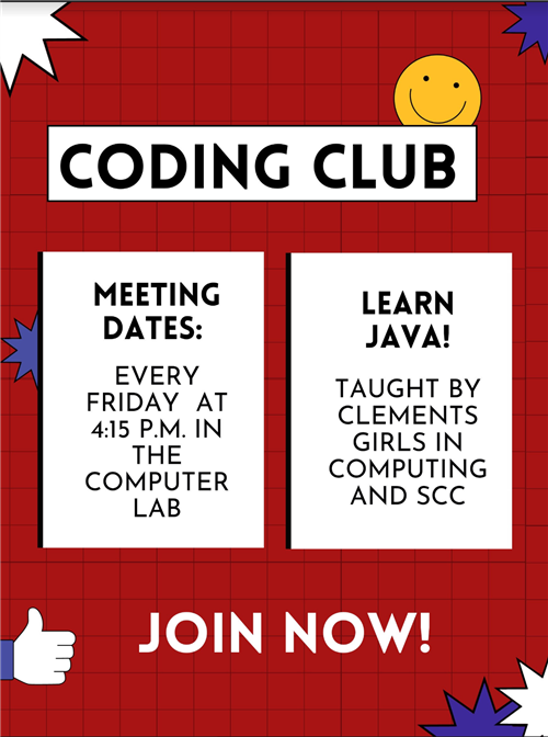 This is a flyer to join coding club on Fridays at 415pm at fort settlement middle school.